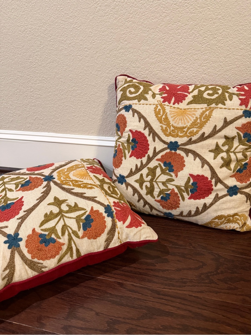 Embroidered Floral Throw Pillow Cover Pair in Cream with Red Trim, 18x18